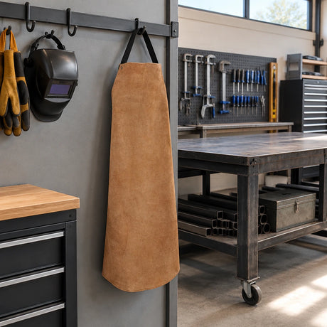 Brown Irona leather welding apron hanging on a PPE rail in an organised metal-fabrication workshop