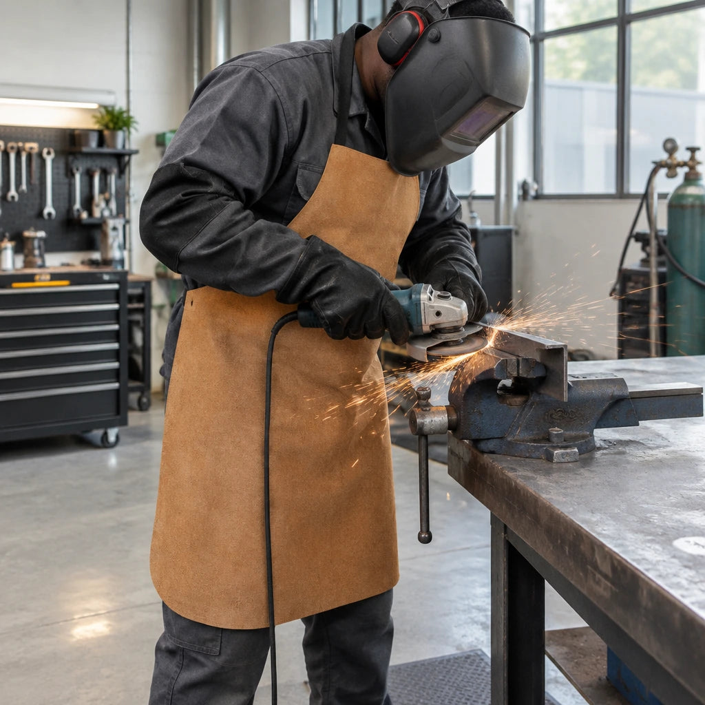 African American fabricator wearing an Irona brown leather apron while grinding a clamped steel bracket in a workshop