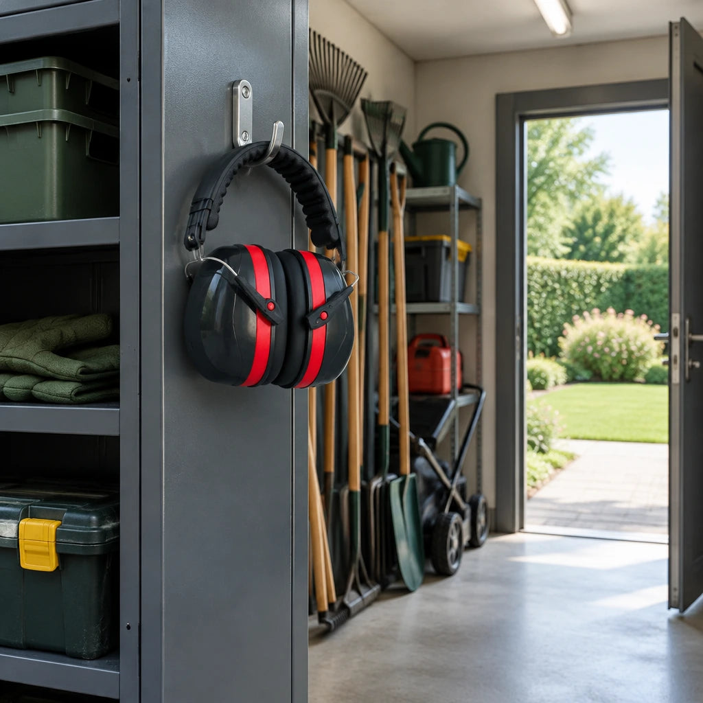 Irona black and red safety earmuff stored on a hook in an organised grounds-maintenance equipment room.