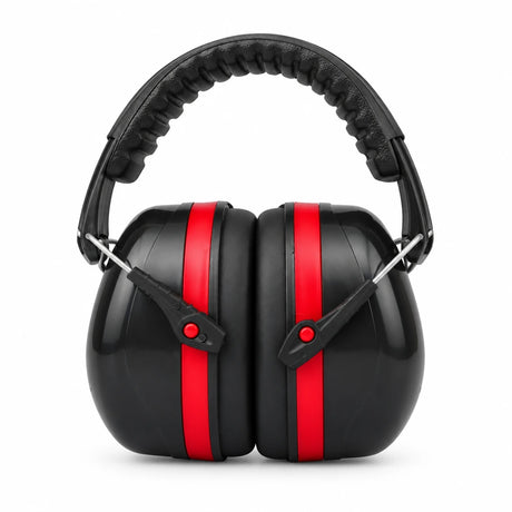 Irona IRO-400-E black and red adjustable over-ear safety earmuff on a white background.