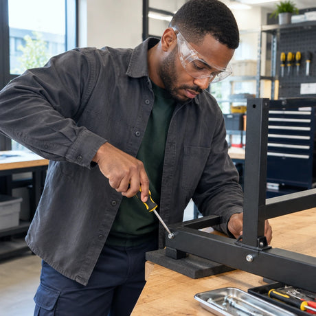 African American assembly technician wearing Irona clear safety goggles while fastening a metal frame component in a workshop.
