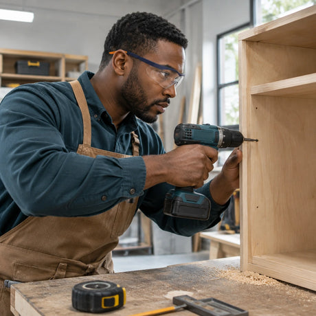 African American cabinet installer wearing Irona clear safety goggles while drilling a timber cabinet carcass in a workshop