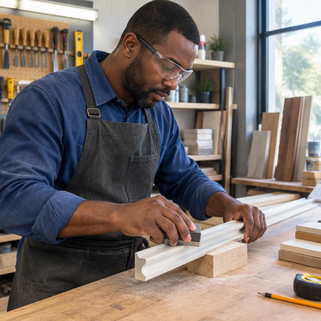 African American workshop technician wearing Irona clear safety goggles while sanding primed wooden trim