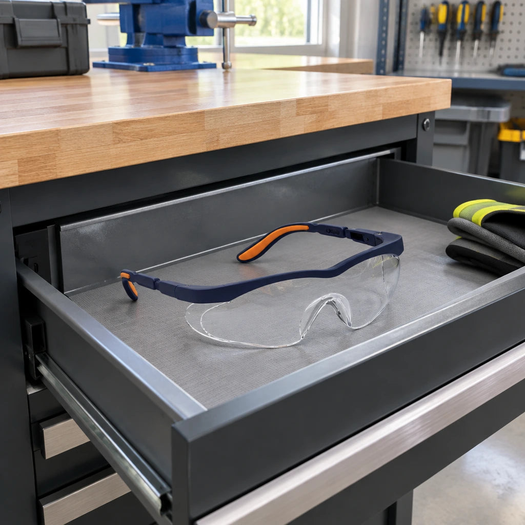 Irona clear safety goggles resting in an open PPE drawer beside an organised fabrication workshop bench