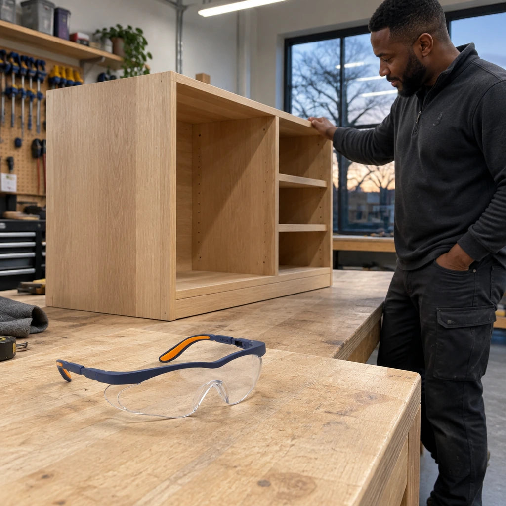 Completed timber cabinet assembly with Irona clear safety goggles resting on a cleared joinery workbench