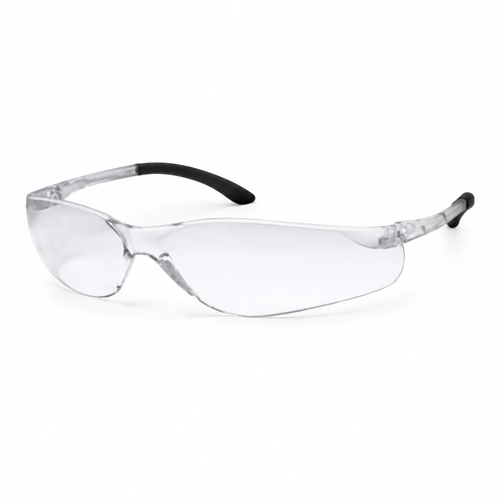 Irona IRO-215-C clear wraparound safety goggles with transparent lens and black rubberized temple tips on white background
