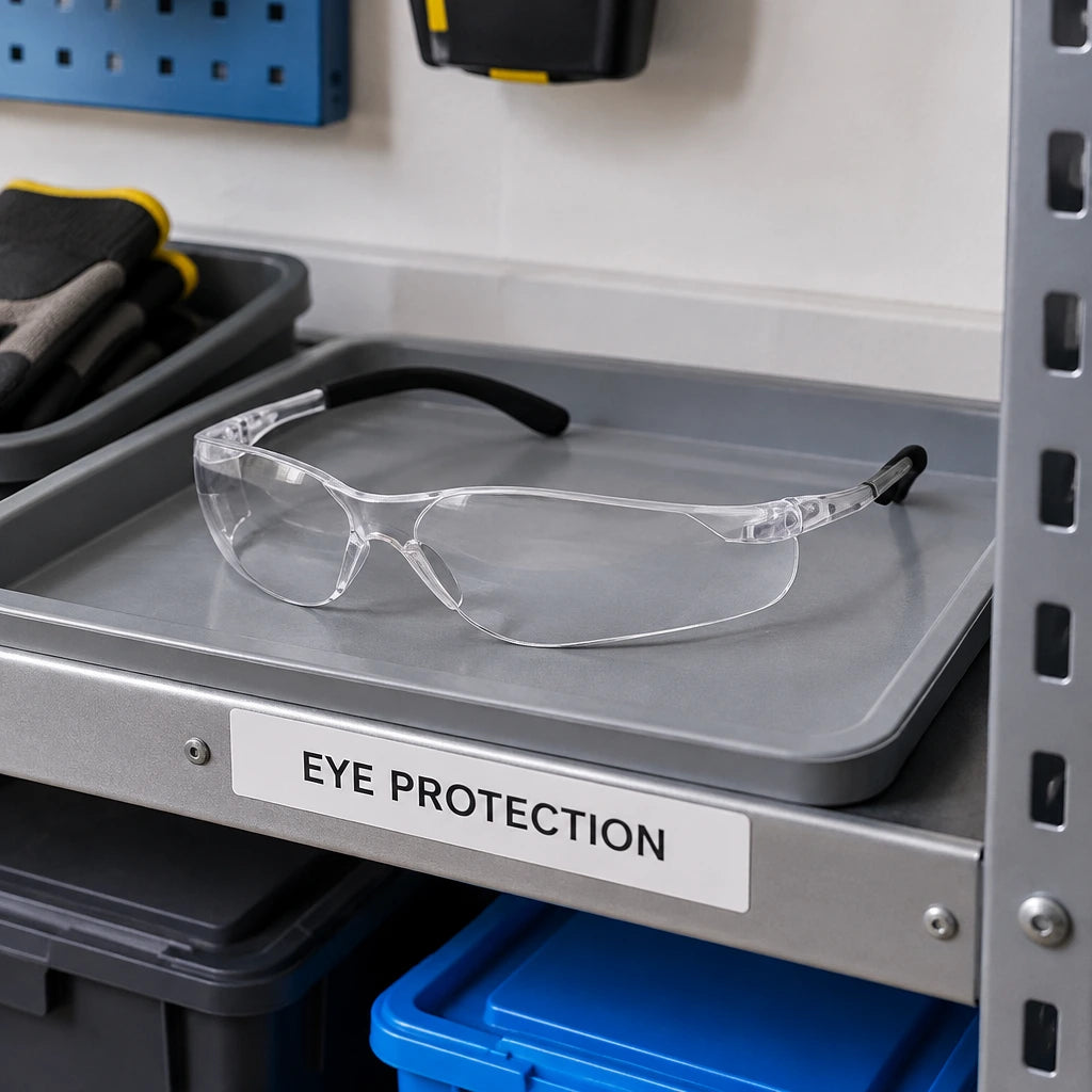 Irona clear safety goggles resting on an organised PPE shelf in a contemporary indoor workshop
