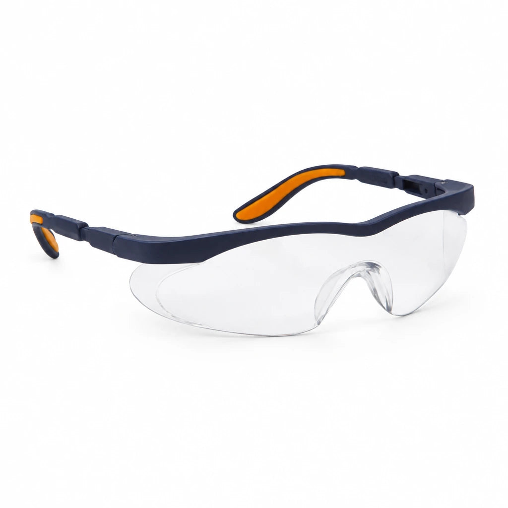 Irona IRO-220-C clear curved-lens safety goggles with navy frame and integrated cheek guard on a white background