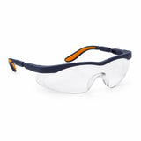 Irona IRO-220-C clear curved-lens safety goggles with navy frame and integrated cheek guard on a white background