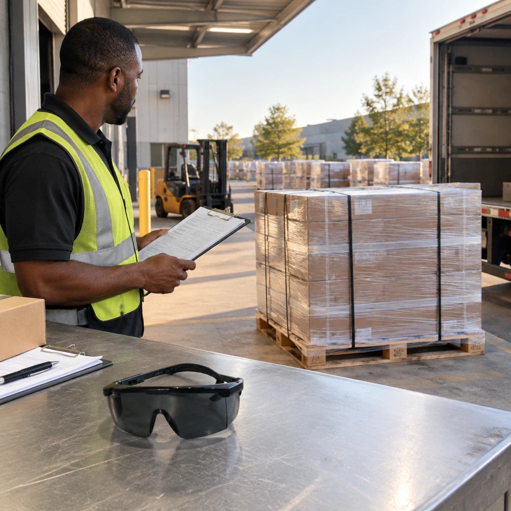 Secured pallet ready for dispatch with Irona dark-lens safety goggles resting on a nearby construction-yard counter
