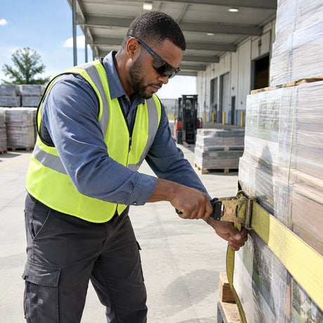 Worker wearing Irona dark-lens safety goggles secures a pallet of building materials in bright outdoor light