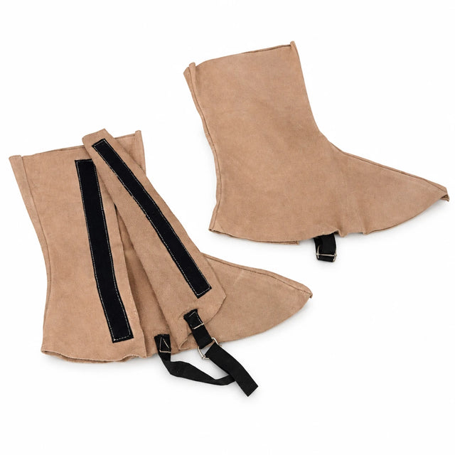 Irona IRO-570 tan leather welding leggings with black straps and buckles on a white background