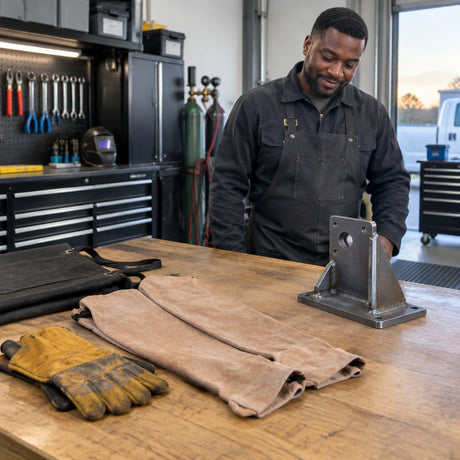 Completed steel repair beside reusable Irona leather welding sleeves, gloves, and apron in a mobile repair bay.
