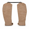 Irona IRO-560 pair of tan leather welding sleeves with wrist cuffs and black connecting strap on a white background.