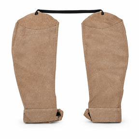 Irona IRO-560 pair of tan leather welding sleeves with wrist cuffs and black connecting strap on a white background.