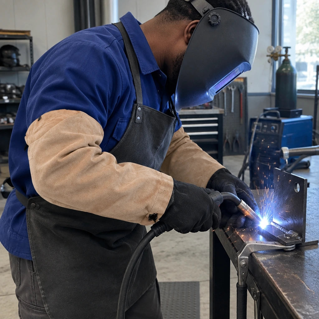 African American welder wearing Irona leather sleeves and gloves while welding a clamped steel repair bracket.