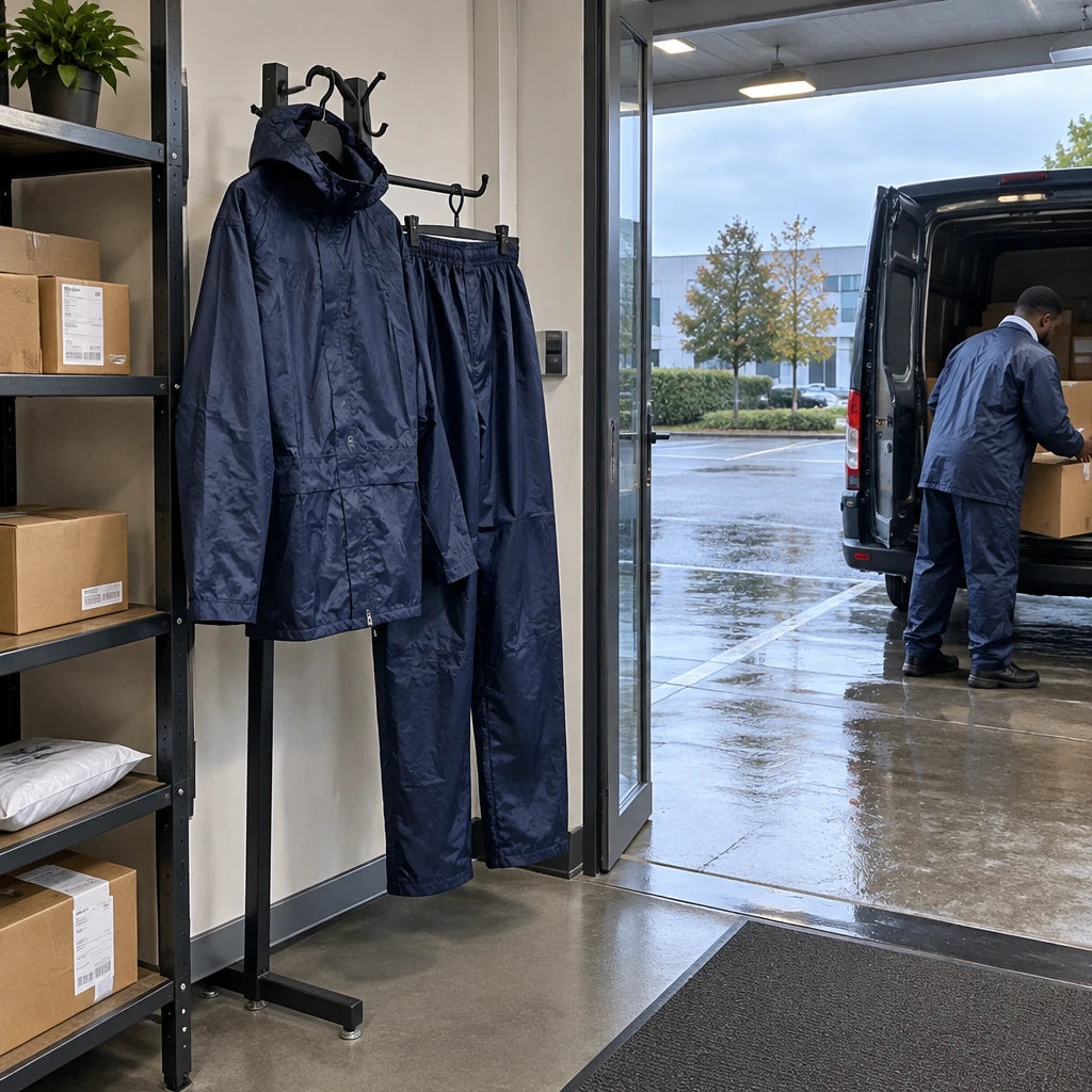Completed delivery area with the Irona navy rainwear set hanging after wet-weather parcel work.