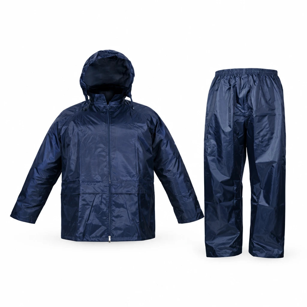Irona navy waterproof hooded raincoat and matching trousers set displayed on a white background.