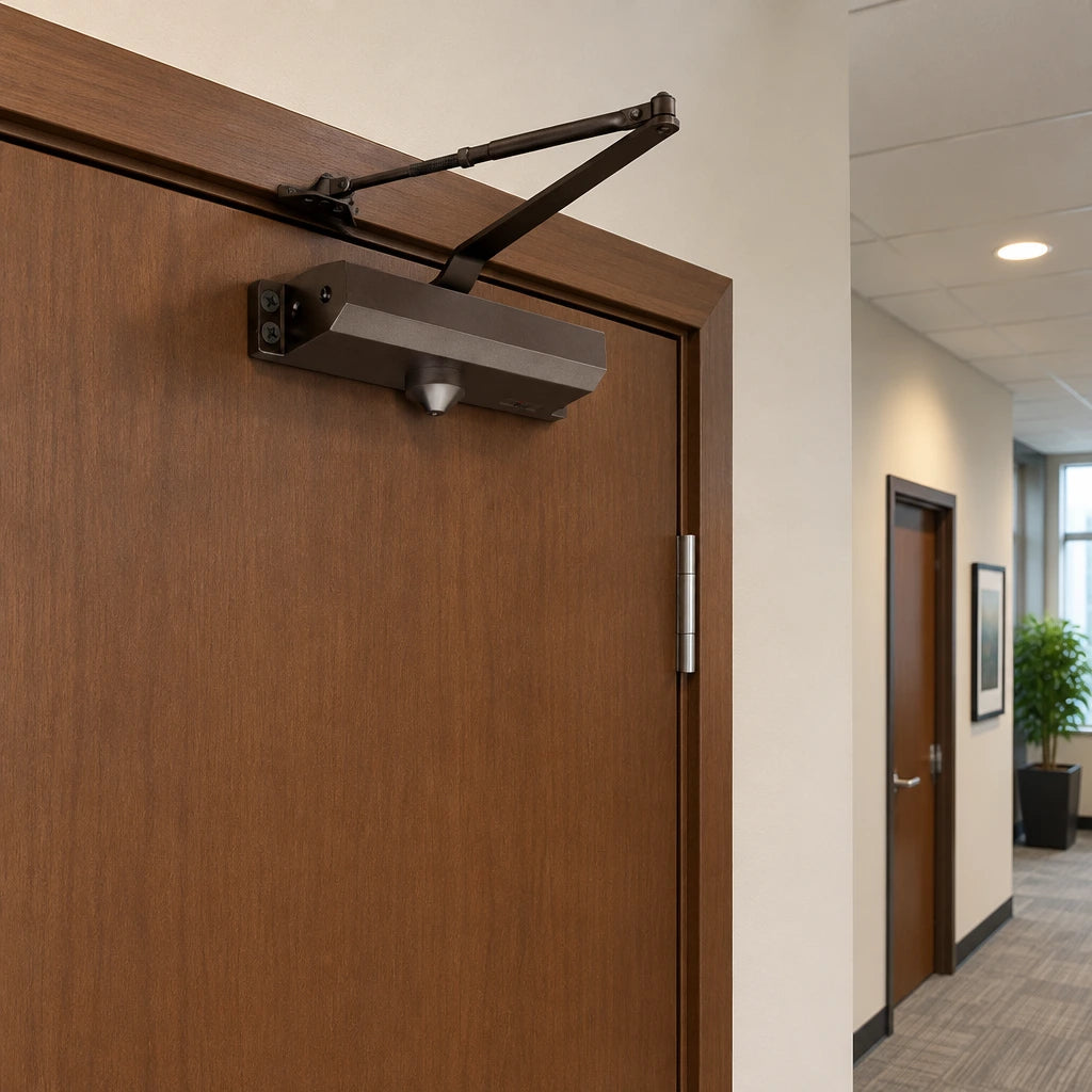 Brown Irona surface-mounted door closer installed on a closed brown office door in a clean corridor