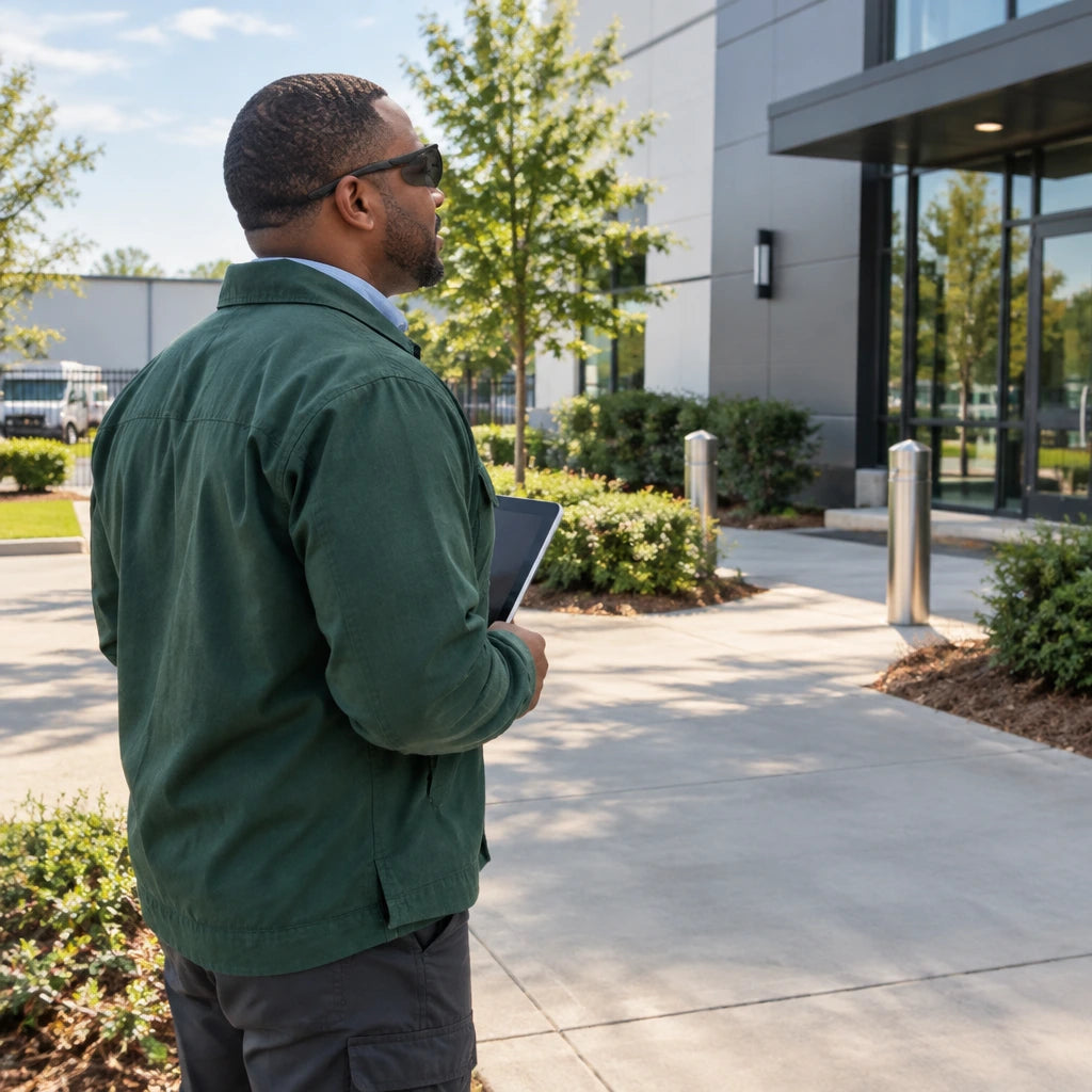Facilities worker wearing Irona wraparound dark-lens goggles after completing an outdoor commercial property inspection