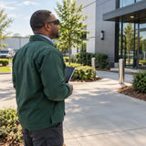 Facilities worker wearing Irona wraparound dark-lens goggles after completing an outdoor commercial property inspection