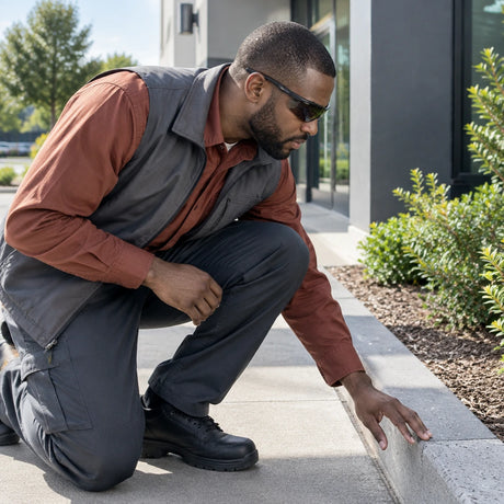 African American facilities worker wearing Irona dark-lens wraparound safety goggles during a bright outdoor site inspection
