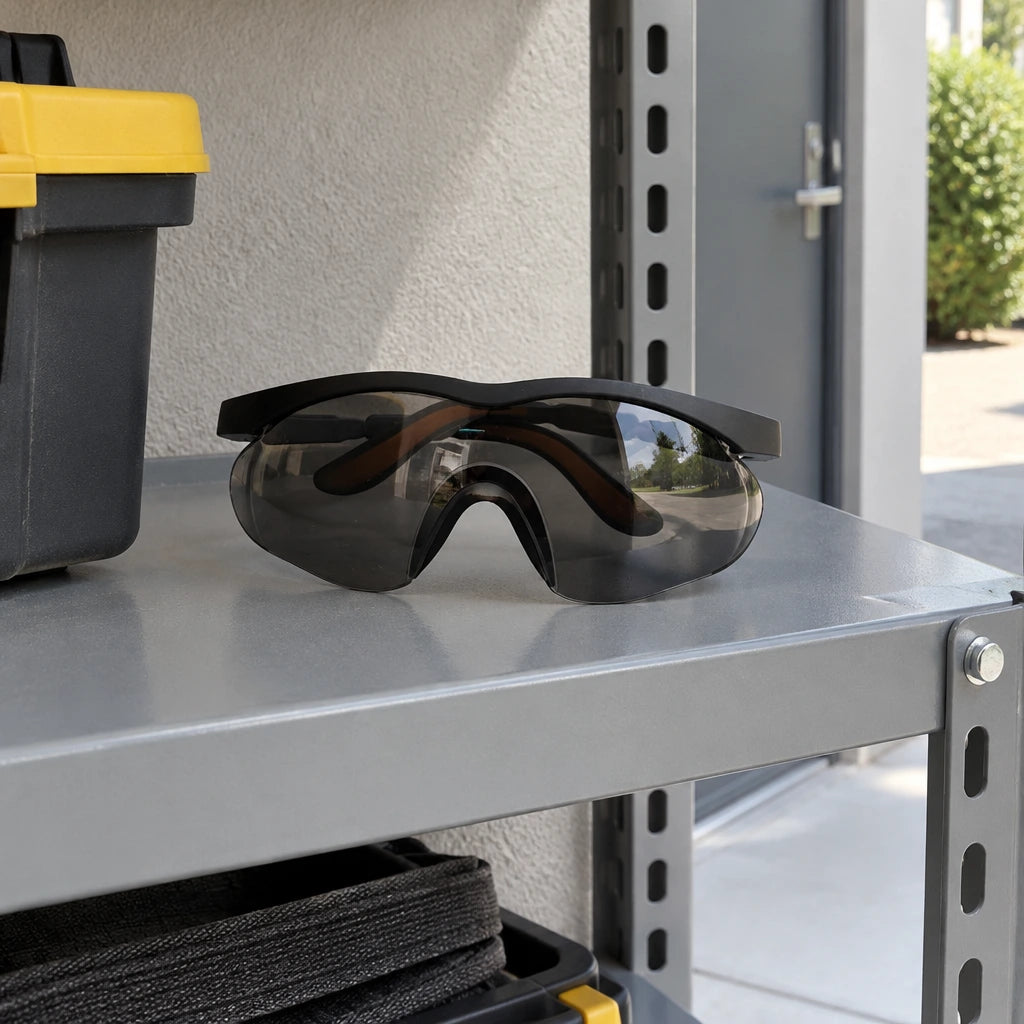 Dark-lens Irona wraparound safety goggles resting in an organised outdoor workplace PPE storage shelf