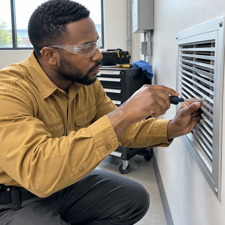African American facilities technician wearing Irona IRO-210-C clear wraparound safety goggles while tightening a service grille indoors.