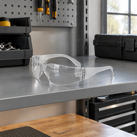 Clear Irona IRO-210-C wraparound safety goggles resting on a PPE shelf in an organised maintenance workshop.