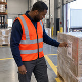 African American warehouse worker wearing an orange Irona reflective vest while checking a pallet at a marked loading bay