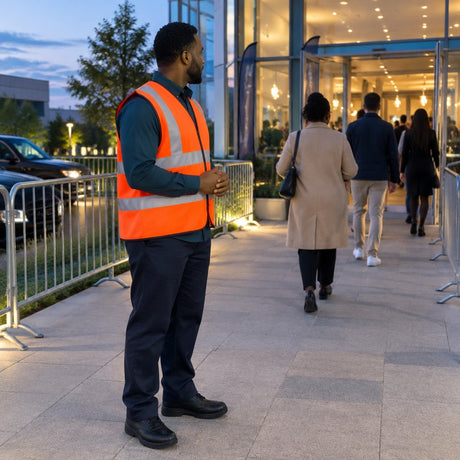 African American event worker in an orange Irona reflective vest monitoring an orderly evening venue entrance