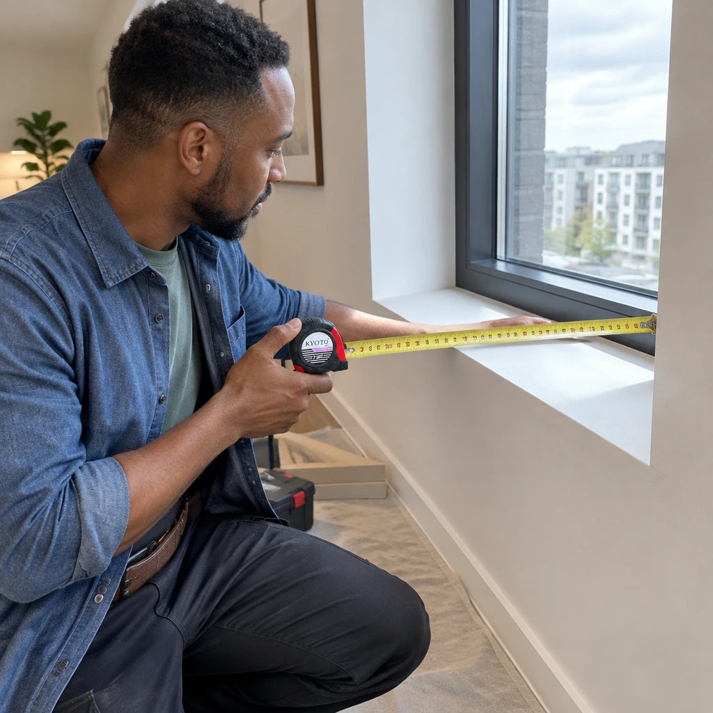 African American interior installer measuring a window recess with a Kyoto red and black metric tape measure