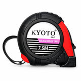 Kyoto red and black 7.5 metre retractable metric tape measure with belt clip and blade hook on white background