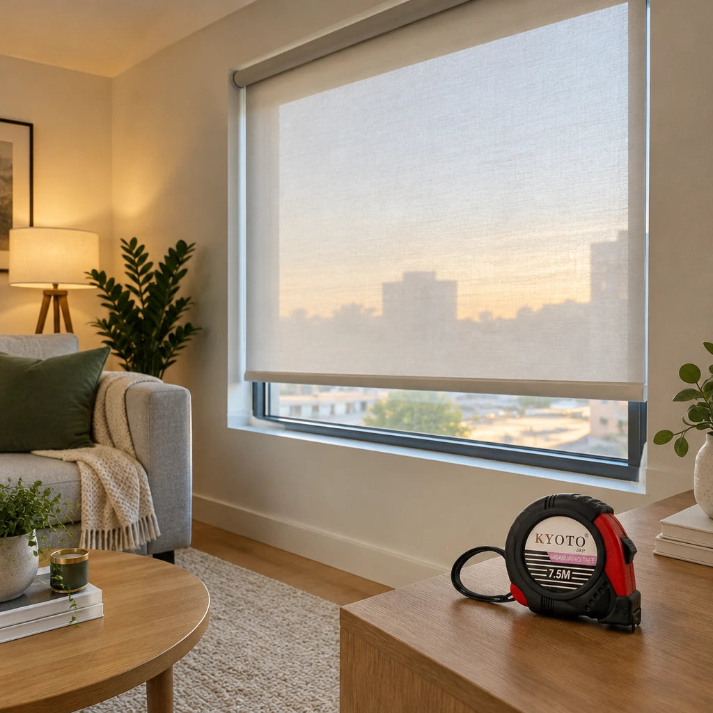 Precisely fitted window covering in a contemporary living room with a closed Kyoto metric tape measure nearby