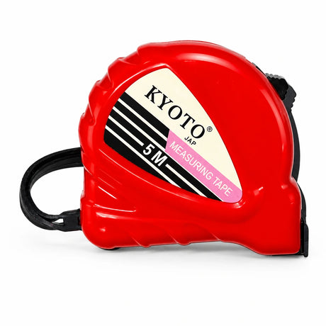 Kyoto red 5M plastic retractable metric tape measure with black wrist strap on white background