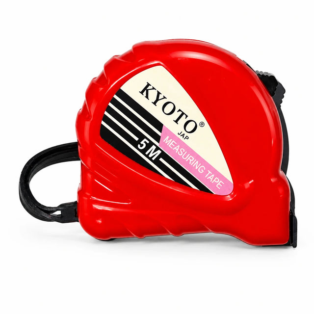 Kyoto red 5M plastic retractable metric tape measure with black wrist strap on white background