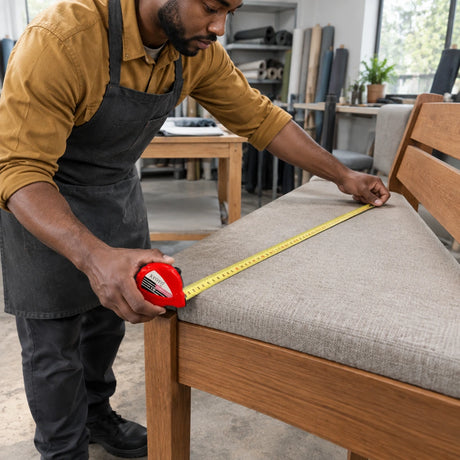 African American upholsterer using a red Kyoto metric tape measure to measure a wooden dining bench