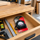 Kyoto 7.5m retractable tape measure stored in an organised joinery workshop drawer