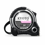 Kyoto silver and black 7.5m retractable metric tape measure on a white background