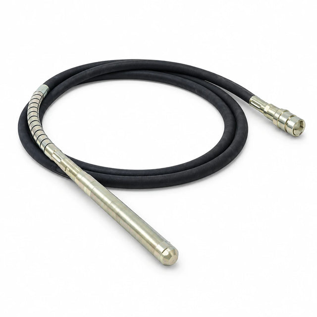 LAE Dynapac-compatible flexible concrete vibrator poker hose with black 6 m hose and metal end fittings on white