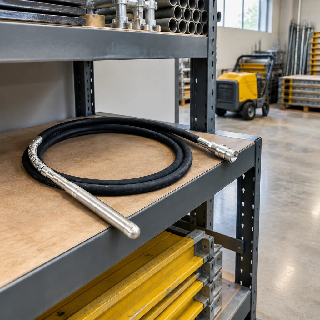 LAE flexible concrete vibrator poker hose coiled on an organised concrete contractor equipment rack