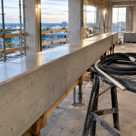 Finished reinforced concrete beam with the LAE flexible vibrator poker hose resting nearby after consolidation