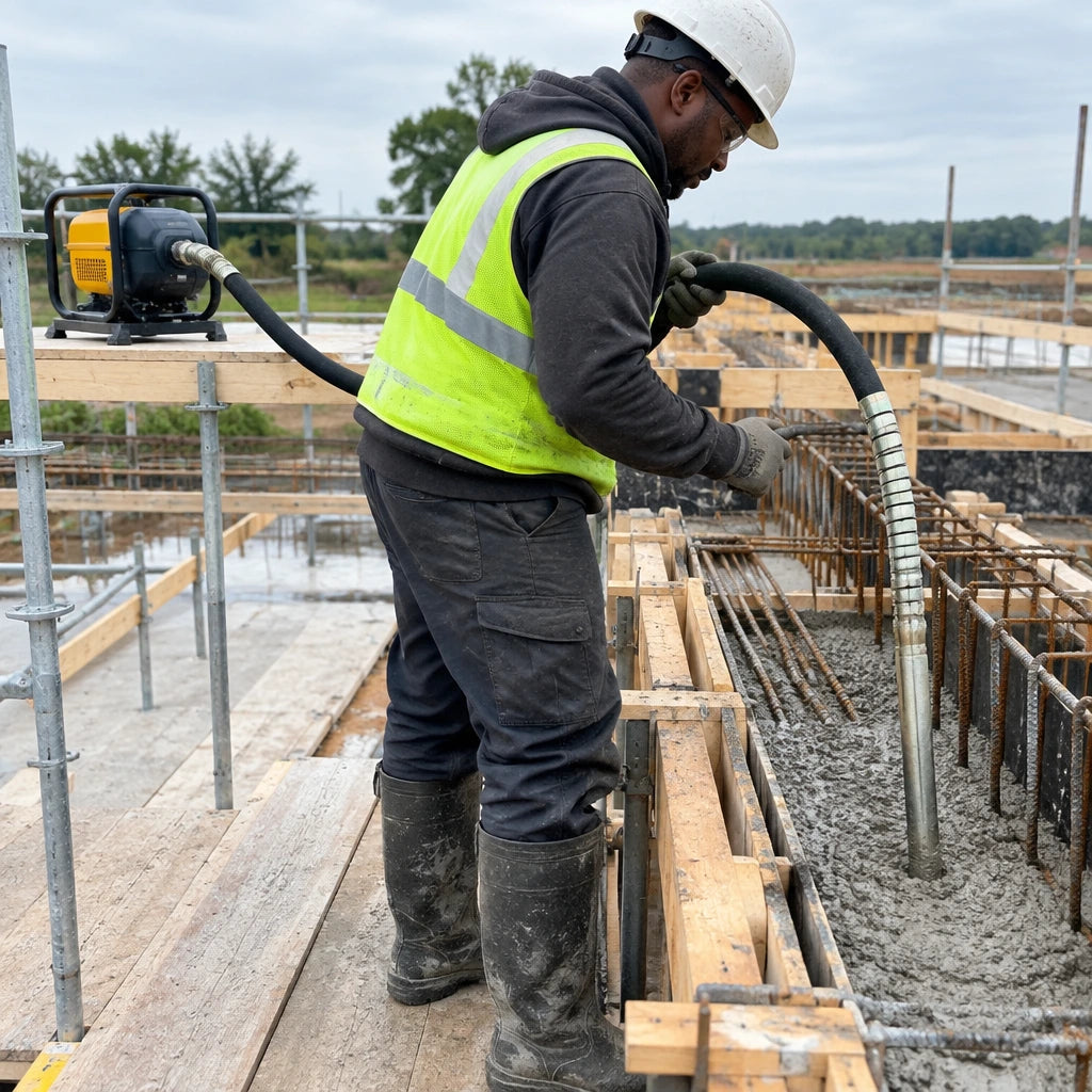 African American concrete worker uses an LAE flexible vibrator poker hose to consolidate fresh reinforced concrete in a beam form