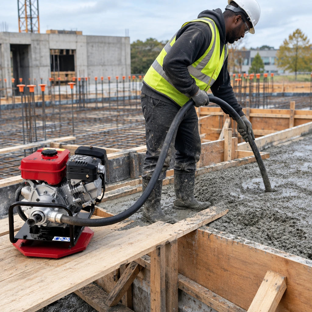 African American construction operator using an LAE Honda-powered concrete vibrator drive unit to consolidate fresh concrete