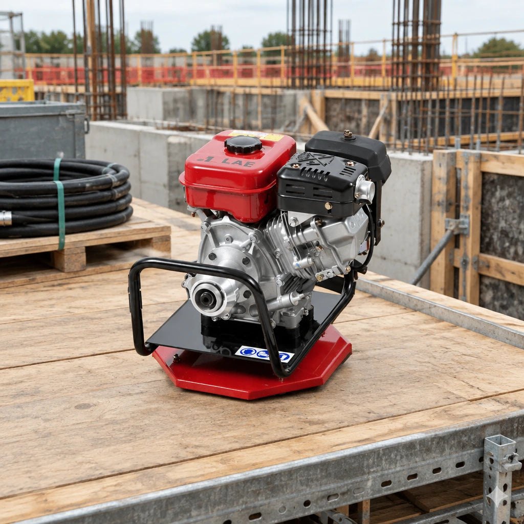 LAE Exen concrete vibrator drive unit staged beside commercial concrete formwork