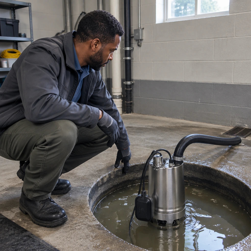 Facilities technician checking a LuckyPro SSV550 pump draining dirty water from a basement sump