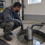 Facilities technician checking a LuckyPro SSV550 pump draining dirty water from a basement sump