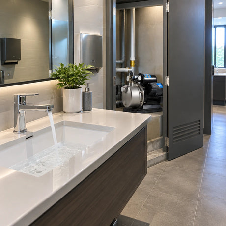 Clean contemporary office washroom with steady basin flow and LuckyPro SMP680C pressure-boosting pump visible in the service cupboard