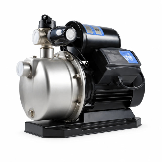 LuckyPro SMP680C 0.9HP stainless steel multistage water pump on a white background with black motor and automatic control unit
