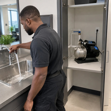 African American facilities worker opens an office utility sink while a LuckyPro SMP680C pump supplies automatic water pressure